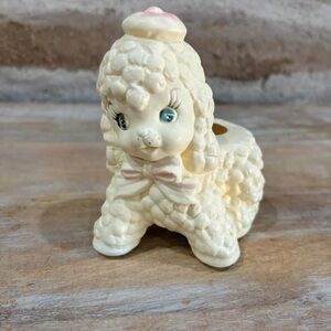 Vintage Plastic Cream Poodle Lamb Planter with Pink Bow